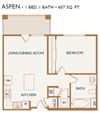 aspen one bedroom floorplan 607 square feet